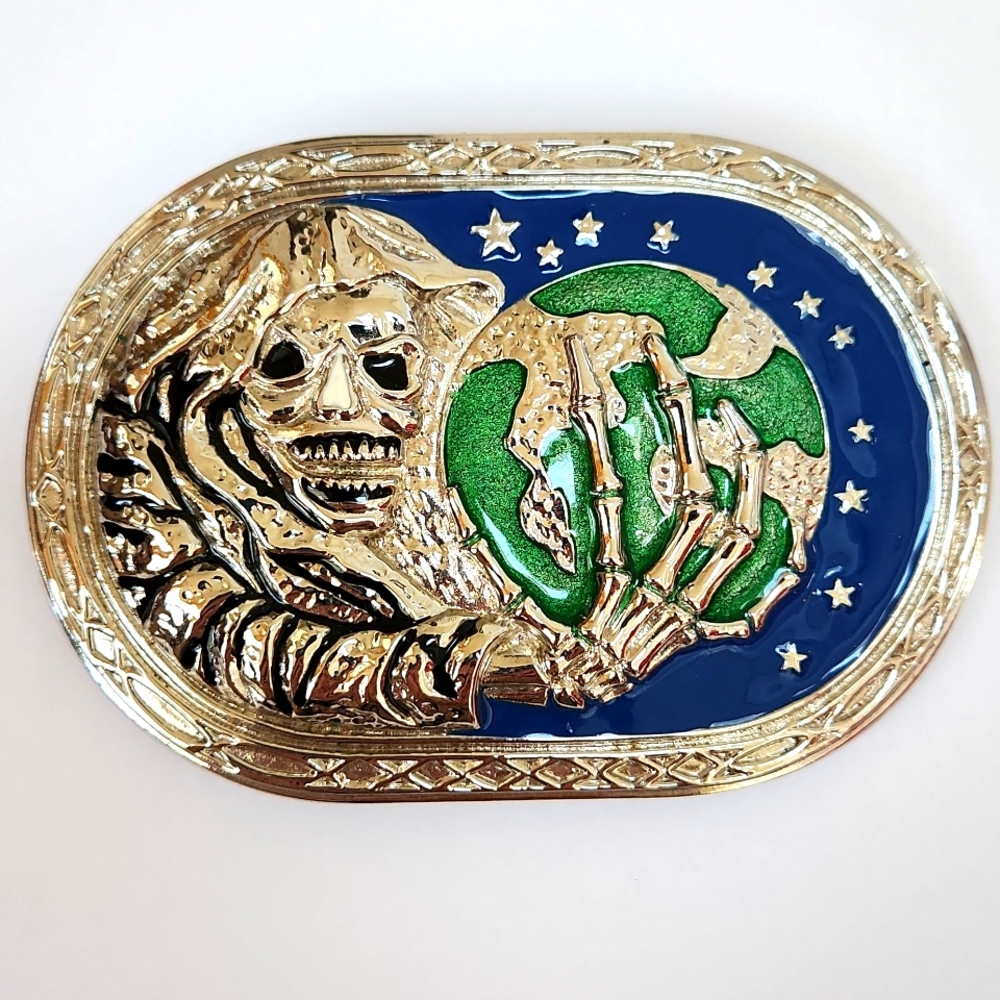 Grim Reaper Skull Earth Belt Buckle Biker Goth Core